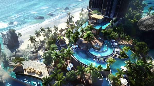 トロピカルなリゾートホテルのラグジュアリーな空撮風景