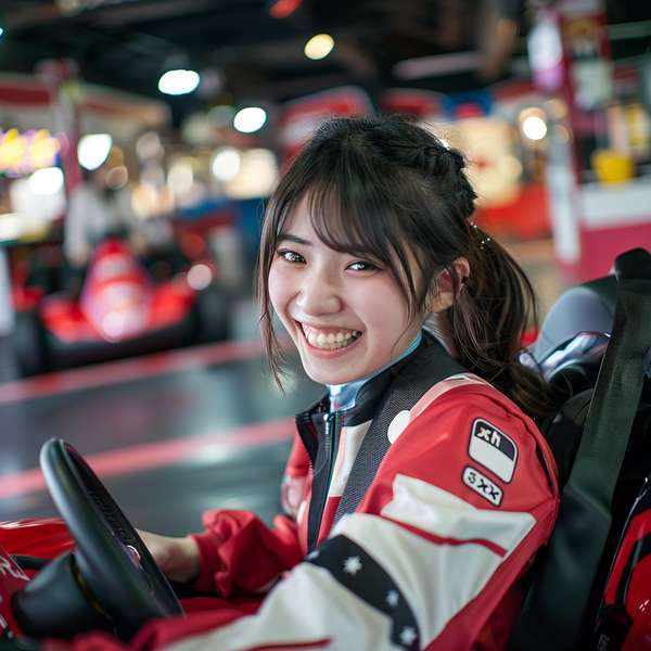 ゴーカートに乗って笑顔を見せる女性