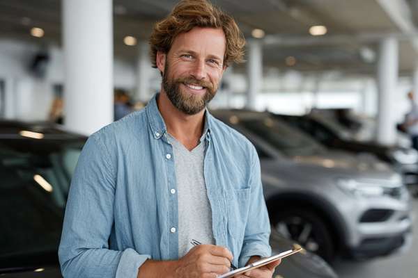 車のショールームでメモをとる笑顔の男性