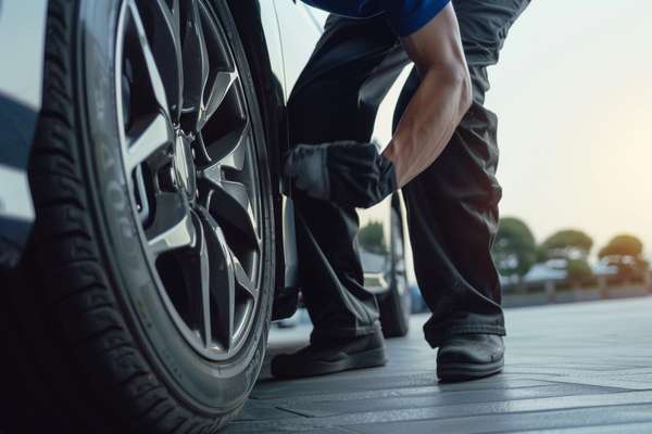 車のタイヤを点検する整備士