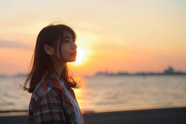 夕暮れの海辺で物思いにふける女性の横顔