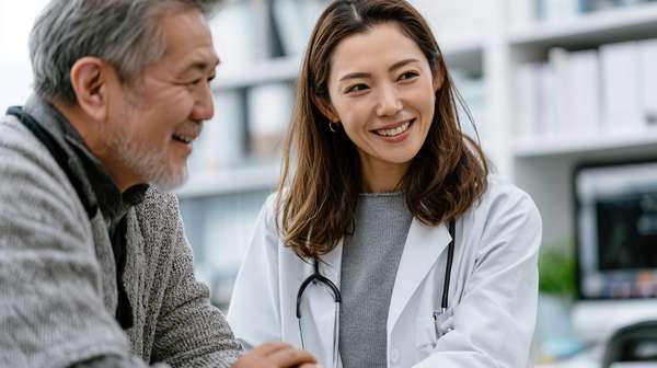 診察室で優しく微笑む医師と高齢の男性患者