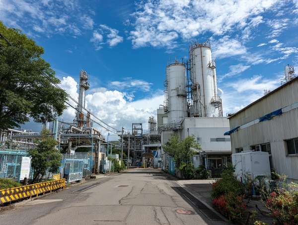 青空の下の化学工場プラント