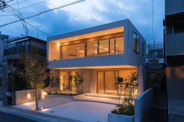 ライトアップされたモダンな住宅の夜景