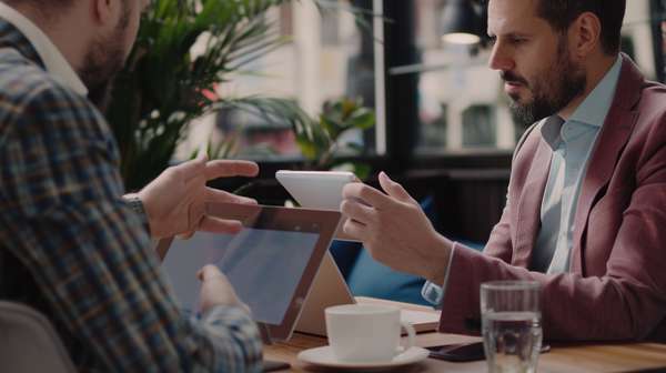 カフェでビジネスの打ち合わせをする二人の男性
