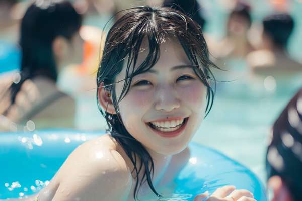 プールで楽しむ笑顔の女性