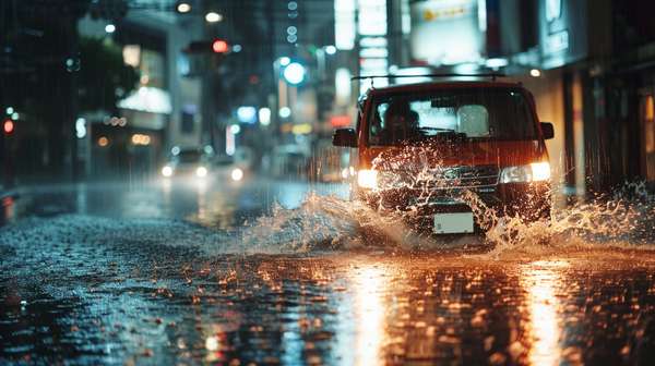 雨の夜の道路を走る車