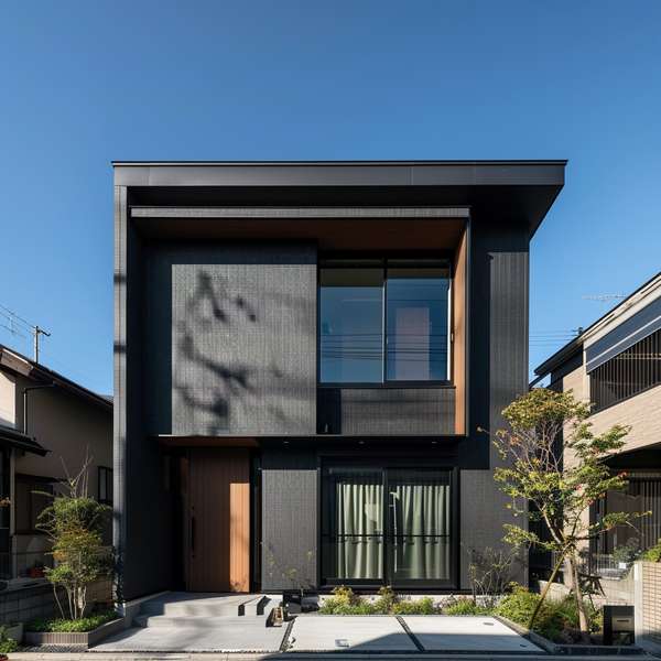 モダンなデザインの黒い外壁が特徴的な住宅