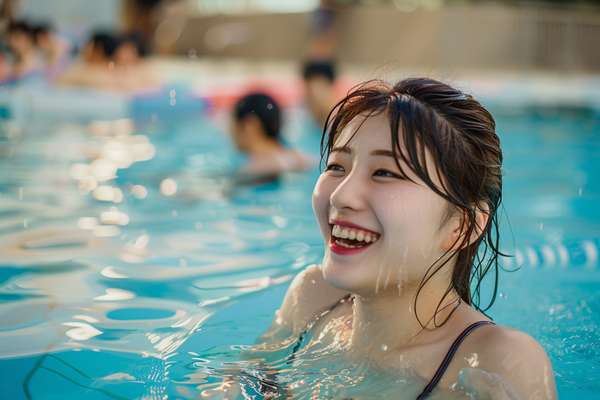 プールで笑顔を見せる若い女性