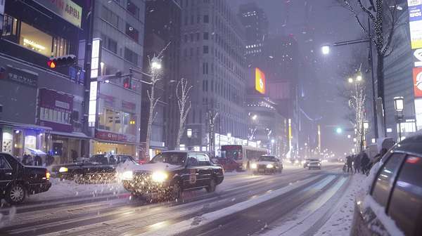 雪の降る夜の都会の街並み
