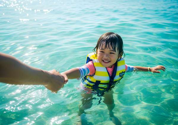海で親の手を握り笑顔を浮かべる子供