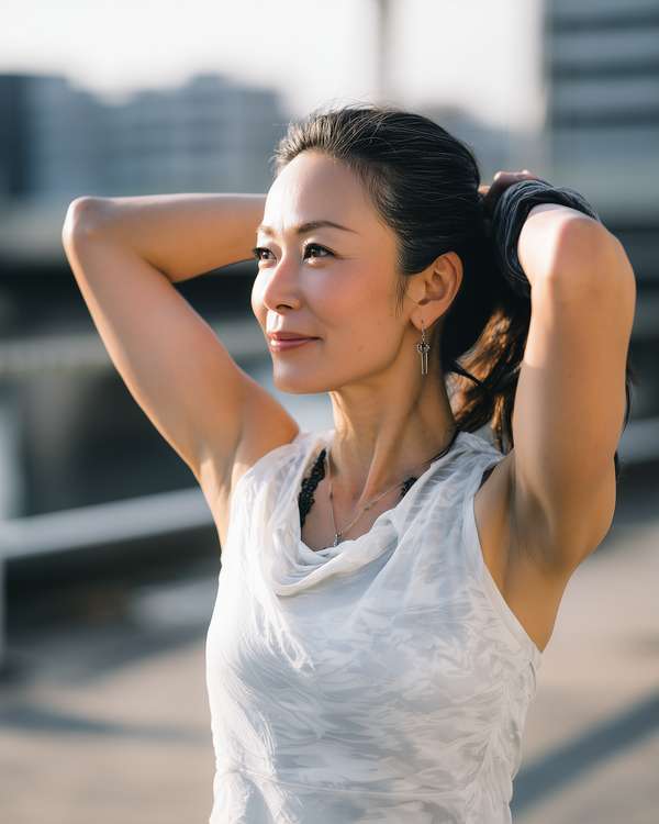 髪を束ねる健康的な女性のポートレート
