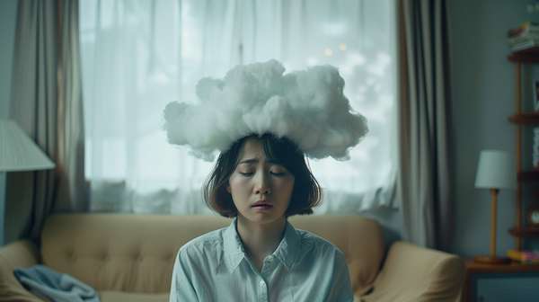 頭上に雲を浮かべ、憂鬱な表情を浮かべる女性