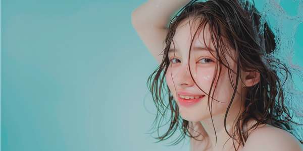 水に濡れた髪で微笑む美しい女性
