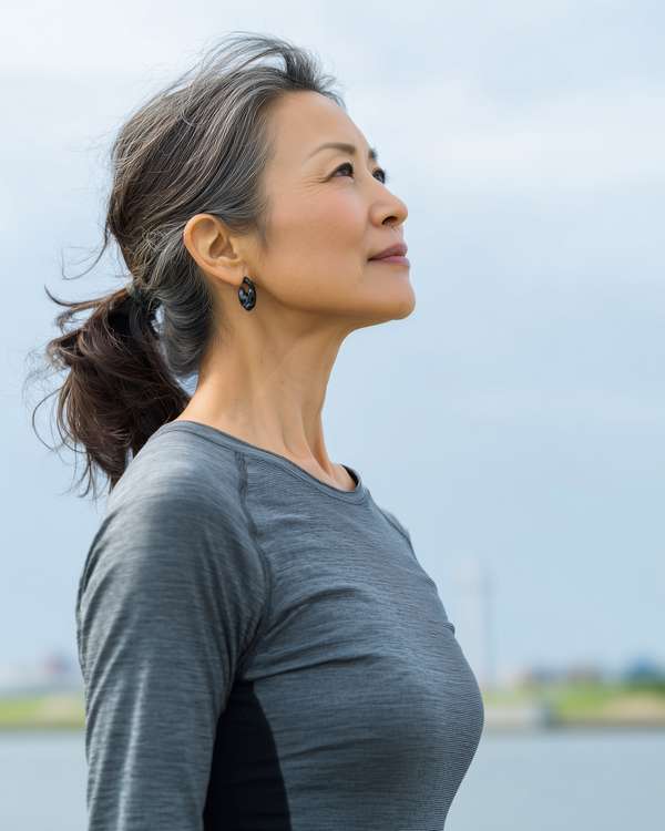 空を見上げるシニア女性