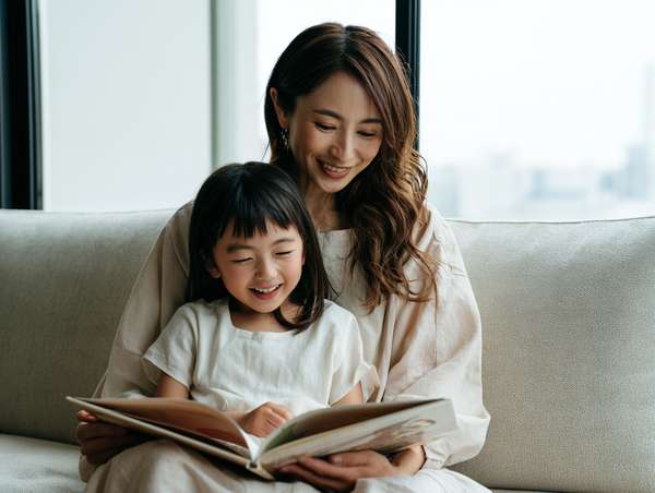 ソファで絵本を読む親子の微笑ましい姿