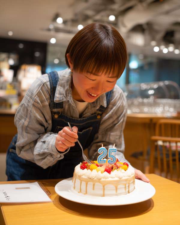 25歳の誕生日ケーキを食べる若い女性
