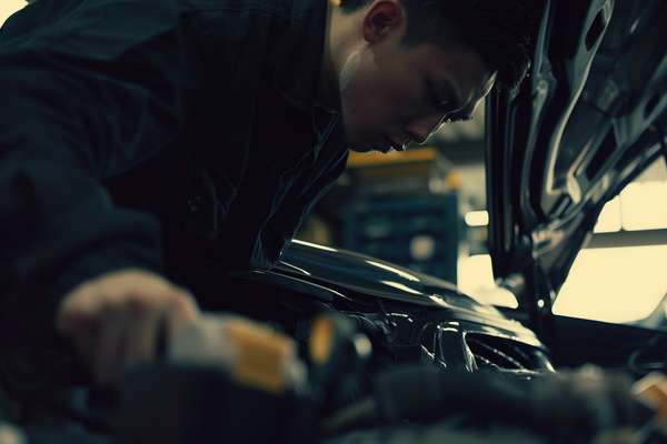 車のエンジンを点検する整備士