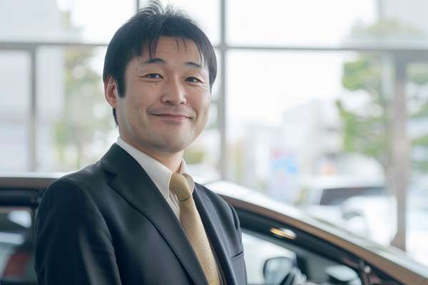 笑顔で接客するカーディーラーの男性
