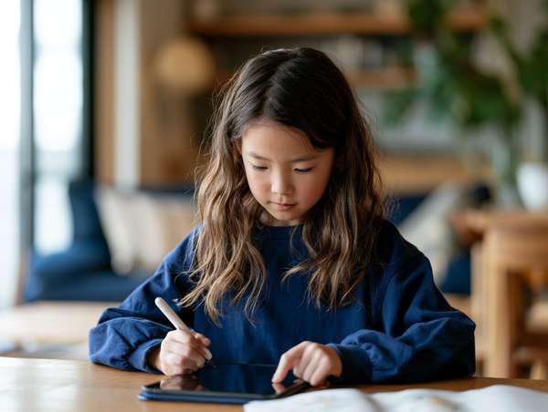 タブレットで勉強する女の子