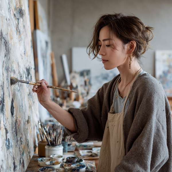 アトリエでキャンバスに向き合う女性アーティスト
