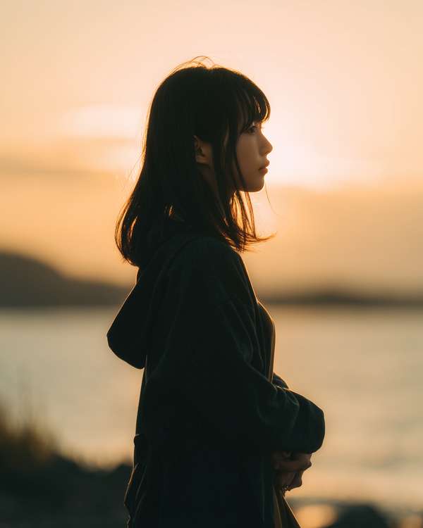 夕暮れの海辺で物思いにふける女性