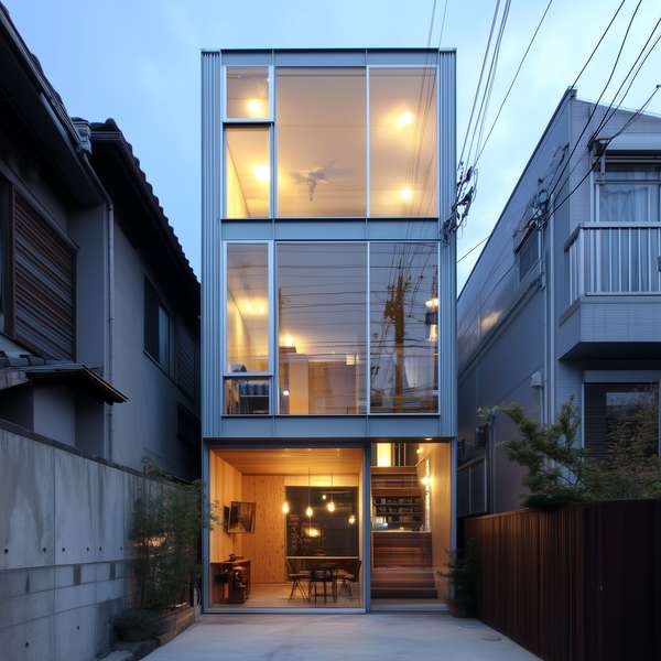 日本の住宅密集地に建つモダンな三階建て住宅