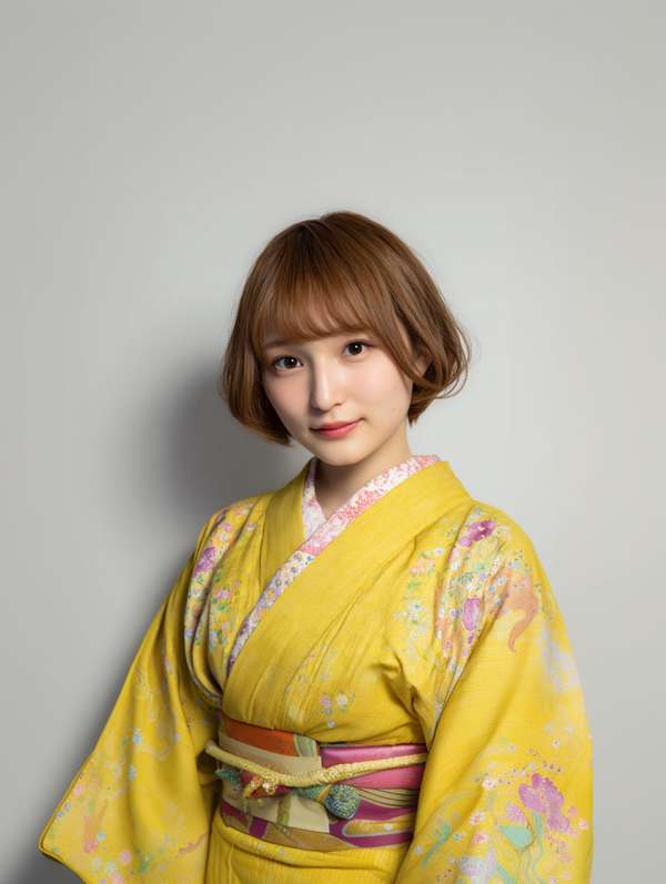 黄色い着物を着た笑顔の若い日本人女性