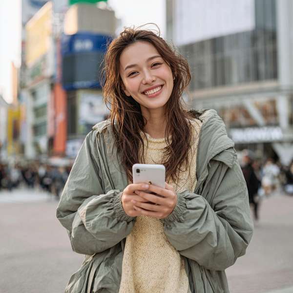 街中でスマートフォンを見る笑顔の若い女性