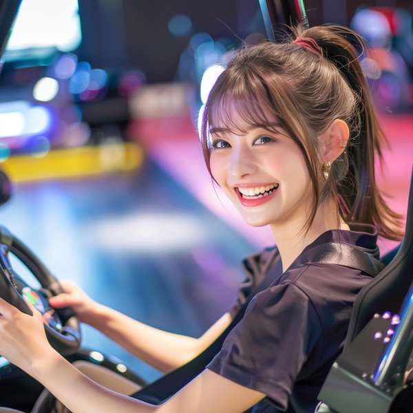 ゲームセンターでレースゲームを楽しむ笑顔の女性
