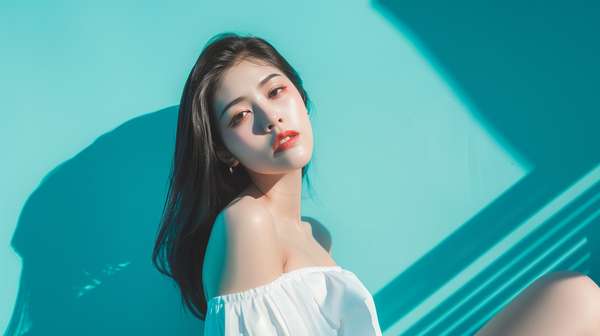 青い背景の前に立つ美しいアジア人女性