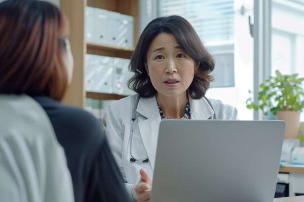 診察室で患者と対話する女性医師