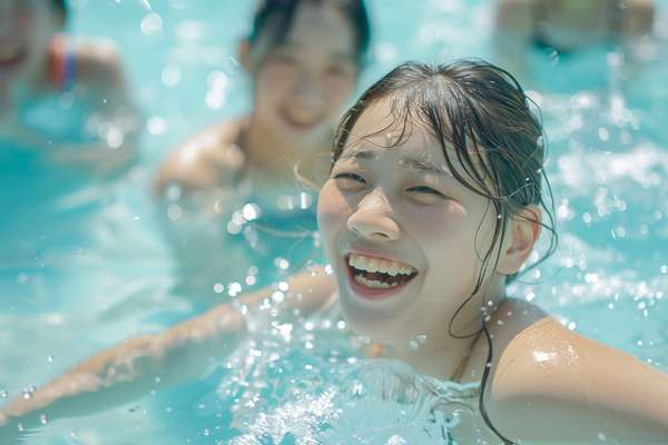 プールで笑顔で遊ぶ若い女性たち