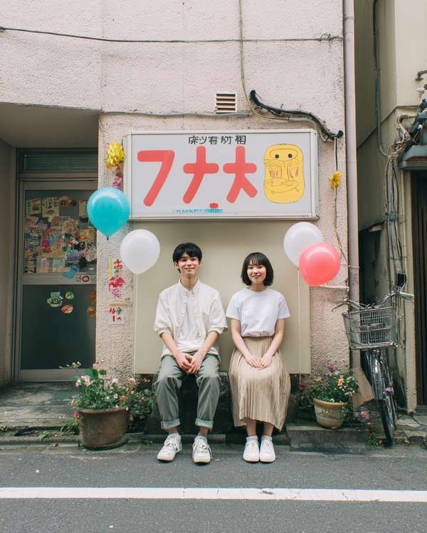 レトロな看板の前で風船を持って座る日本の若いカップル