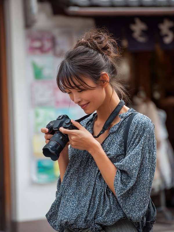 カメラで撮影した写真を確認する女性