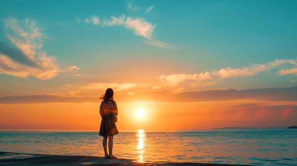 夕暮れの海辺に立つ女性のシルエット