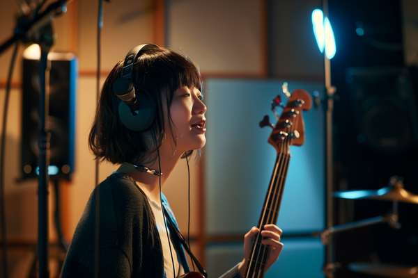 レコーディングスタジオでベースを演奏する女性