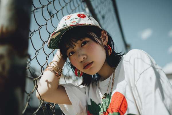 ストリートスタイルでフェンスに寄りかかる魅力的な女性