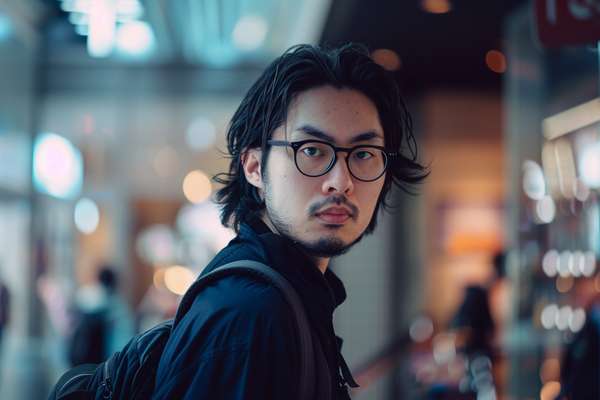 都会の街角で振り返る眼鏡の男性