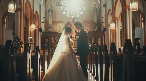 教会で結婚式を挙げる新郎新婦