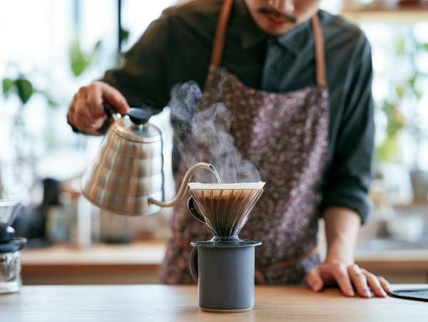 ハンドドリップで丁寧にコーヒーを淹れるバリスタ