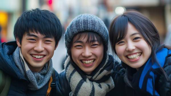 冬の装いで笑顔を見せる仲良し3人組