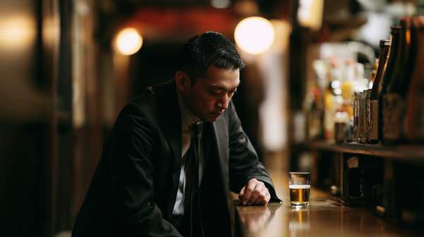 バーカウンターで一人孤独に酒を飲むサラリーマン