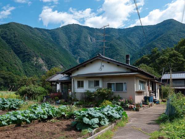 日本の山あいに佇む懐かしい古民家と家庭菜園