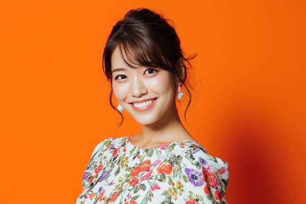 オレンジ背景で笑顔を見せるアジア人女性