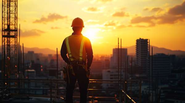 夕暮れの建設現場で未来を見つめる建築作業員