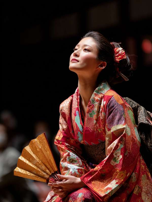 華やかな着物を纏い扇子を持つ日本の女性
