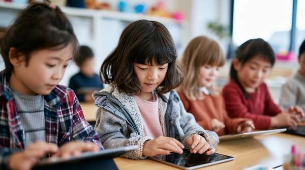 タブレットを使って勉強する子供たち