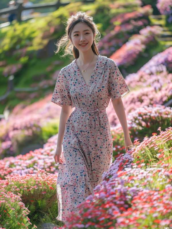 花畑を歩く爽やかな笑顔の女性