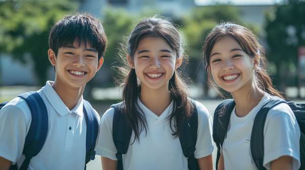 制服を着て笑顔で並ぶ3人の学生